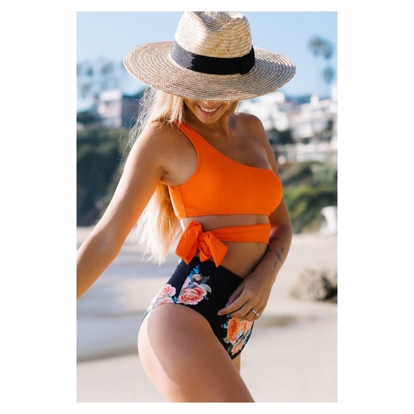 Orange and Floral One Shoulder Tied Bikini (NWT) - Picture 3 of 3